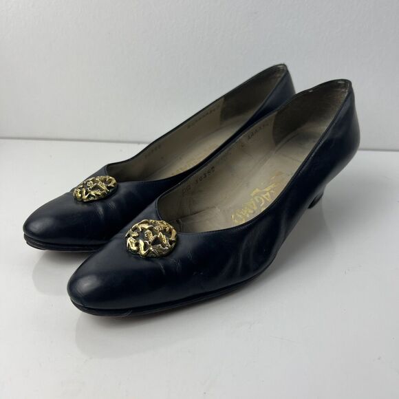 Vintage Salvatore Ferragamo Navy Slip On Heels 8.5 - Picture 1 of 6
